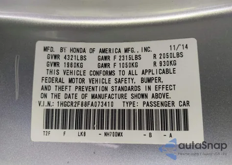 2015 Honda Accord Ex-L from USA, damaged, VIN 1HGCR2F88FA073410